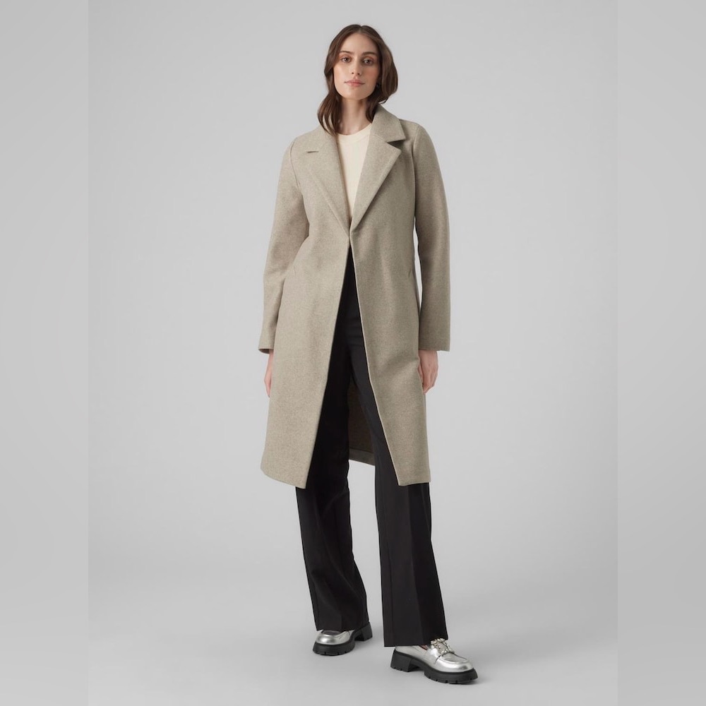 NWT Vero Moda Belted Formal Midi Coat in Silver Mink Melange